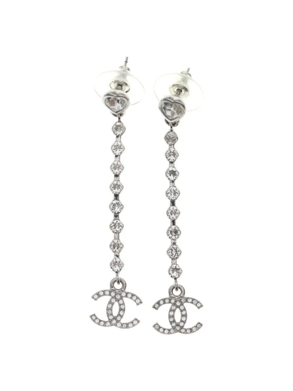 Chanel CC Logo Heart Rhinestone Drop Earrings Silver